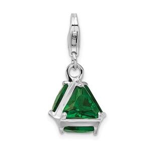 925 Sterling Silver Polished 3-D Green Glass Bracelet Charm Lobster Clasp